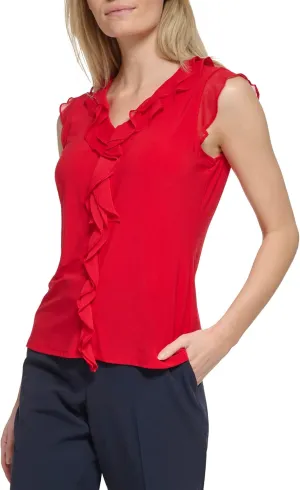 Tommy Hilfiger Women's Work Shirt Sleeveless Ruffle Front Shirts