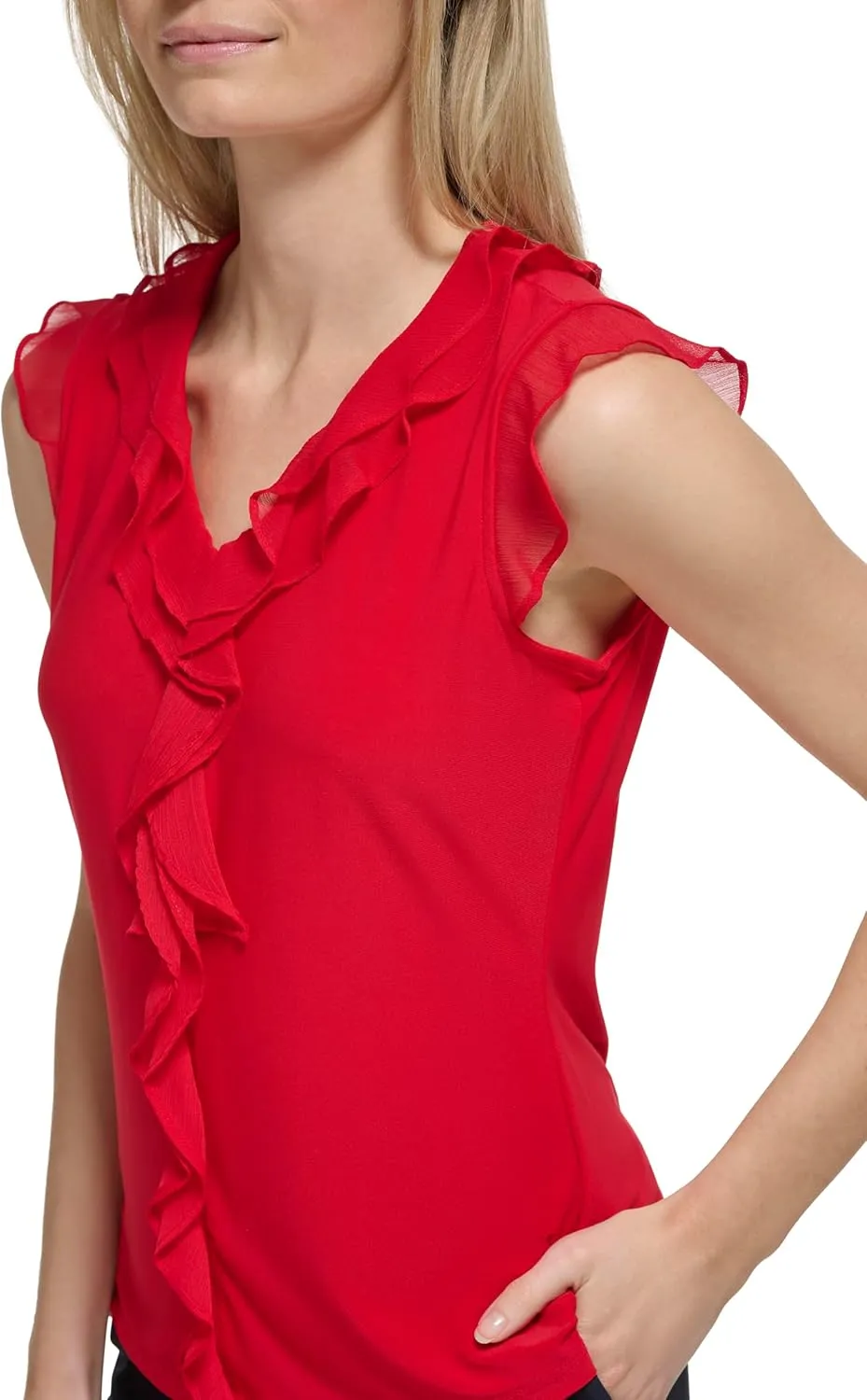 Tommy Hilfiger Women's Work Shirt Sleeveless Ruffle Front Shirts