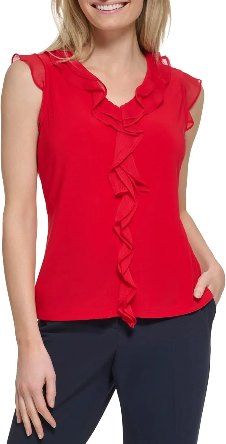Tommy Hilfiger Women's Work Shirt Sleeveless Ruffle Front Shirts