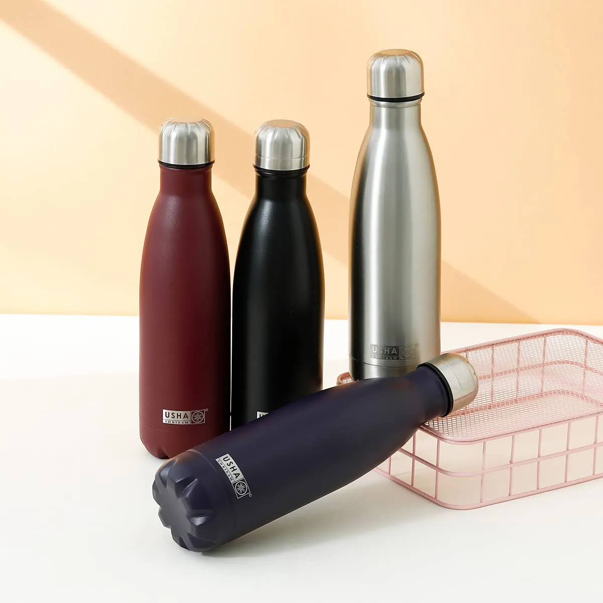 USHA SHRIRAM Insulated Stainless Steel Water Bottle (500ml - Pack of 4) | Hot for 18 Hours, Cold for 24 Hours | Water Bottle for Home, Office & Kids |Rust-Free, Durable & Leak-Proof |Multi-Colour Set