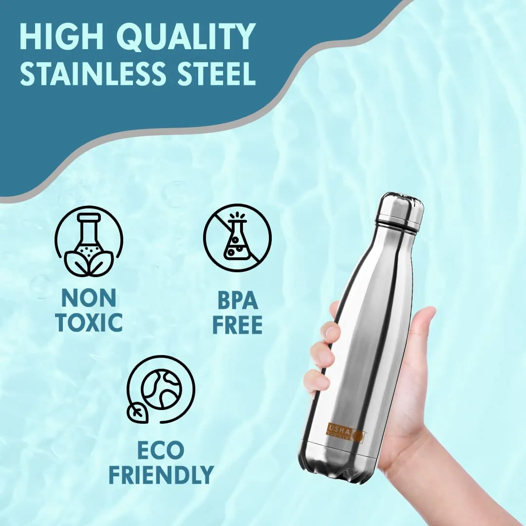 USHA SHRIRAM Insulated Stainless Steel Water Bottle (500ml - Pack of 4) | Hot for 18 Hours, Cold for 24 Hours | Water Bottle for Home, Office & Kids |Rust-Free, Durable & Leak-Proof |Multi-Colour Set