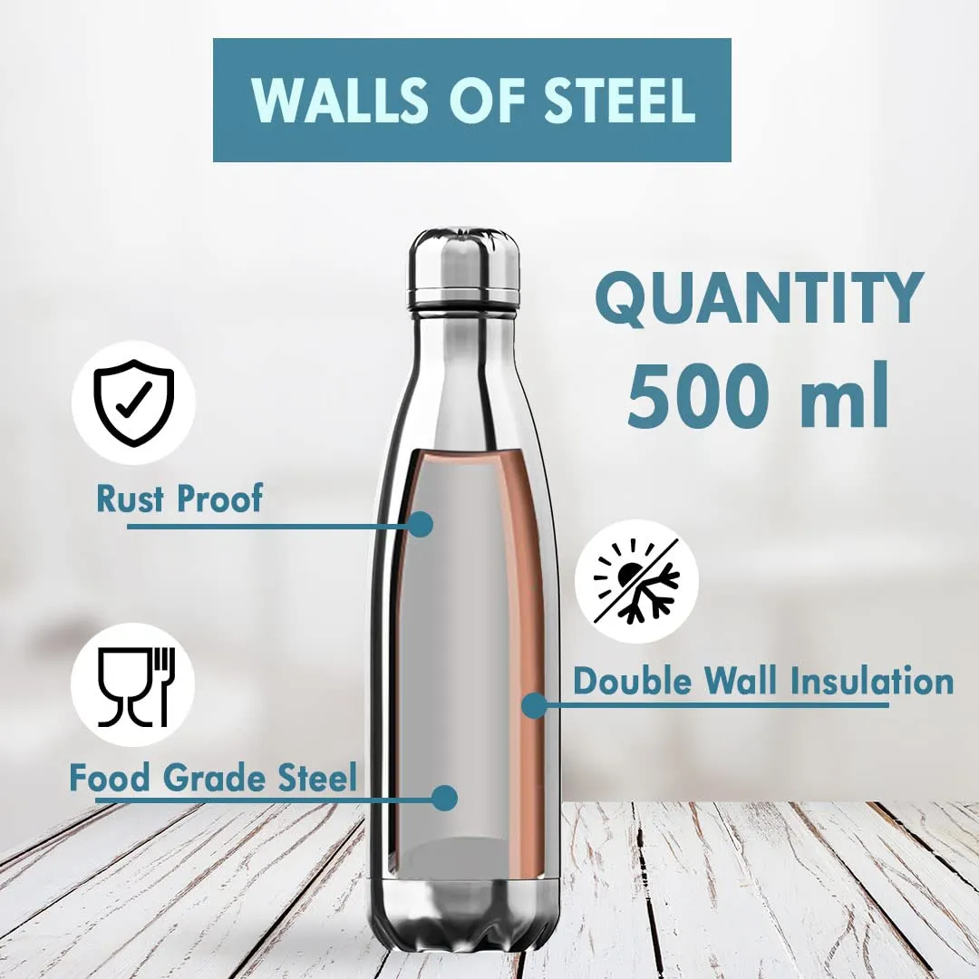USHA SHRIRAM Insulated Stainless Steel Water Bottle (500ml - Pack of 4) | Hot for 18 Hours, Cold for 24 Hours | Water Bottle for Home, Office & Kids |Rust-Free, Durable & Leak-Proof |Multi-Colour Set