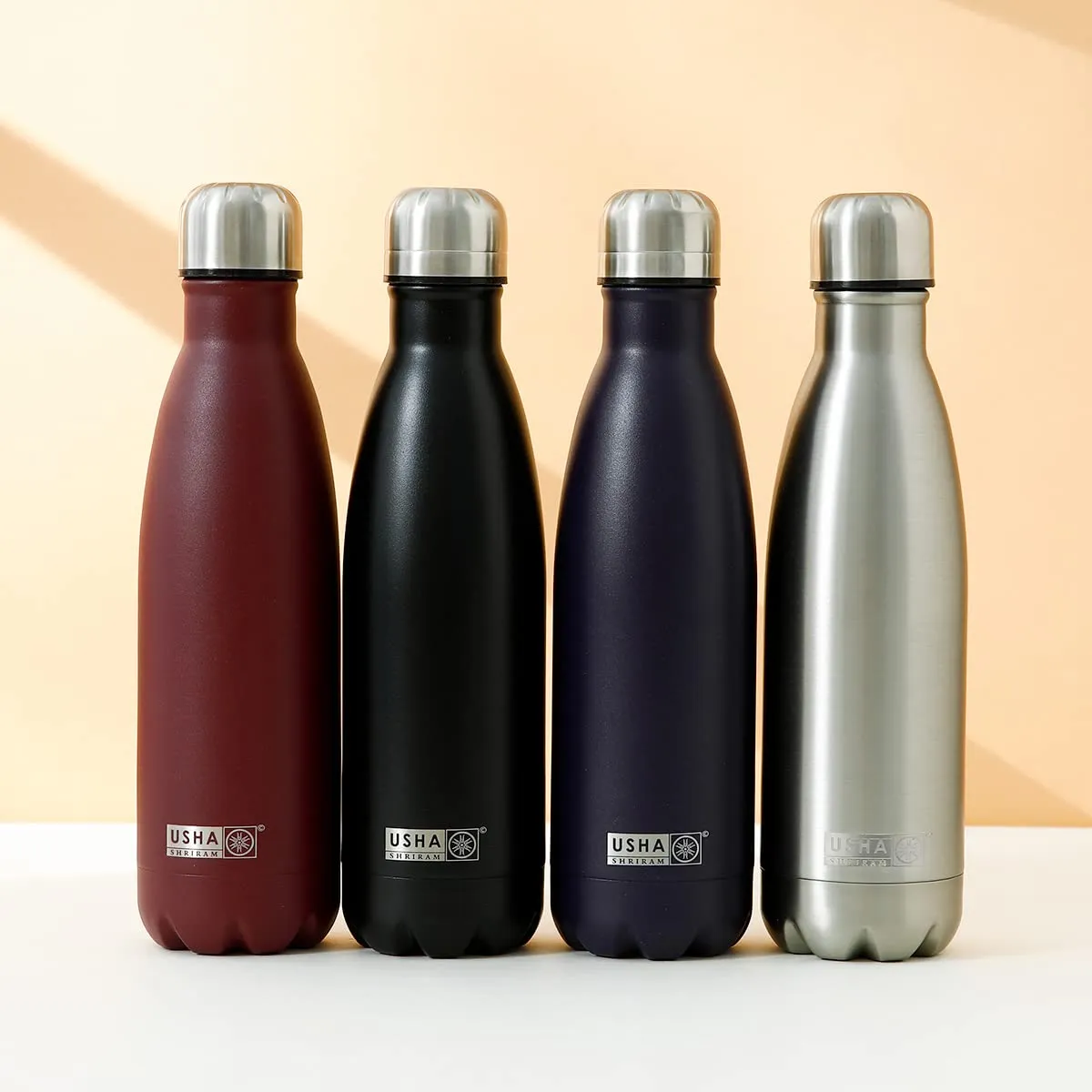 USHA SHRIRAM Insulated Stainless Steel Water Bottle (500ml - Pack of 4) | Hot for 18 Hours, Cold for 24 Hours | Water Bottle for Home, Office & Kids |Rust-Free, Durable & Leak-Proof |Multi-Colour Set