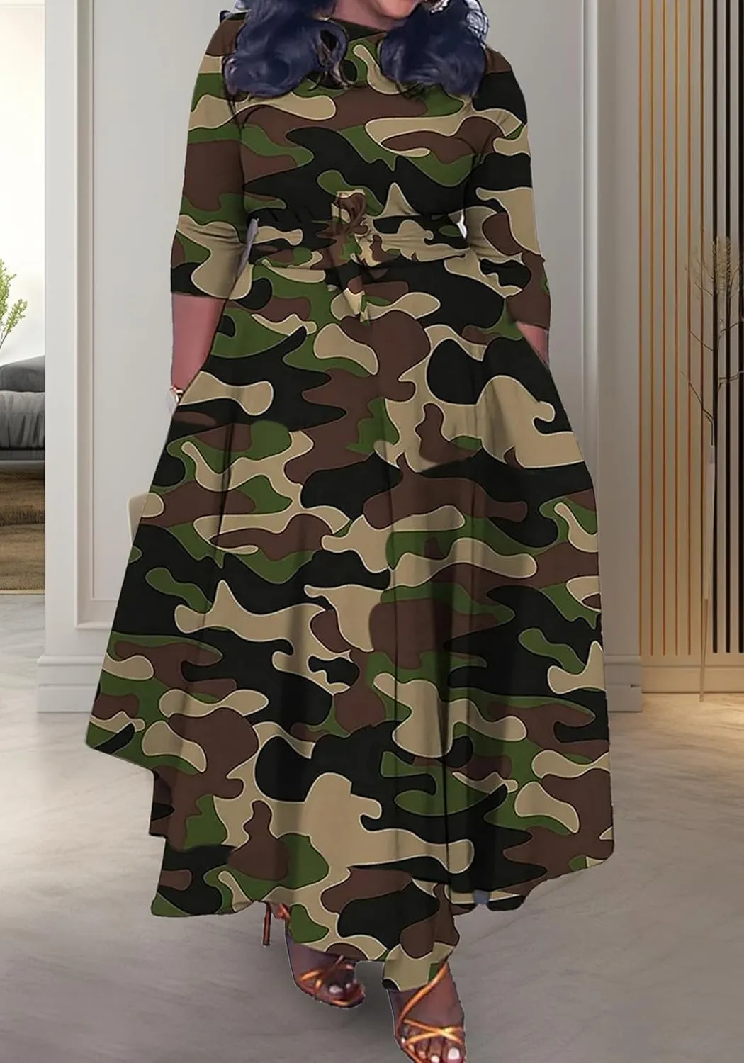 Vakkest Women's Camo Print Dress Jumpsuit Deep V Neck Sleeveless Tunic Mini Dress Plus Size with Pocket Clubwear