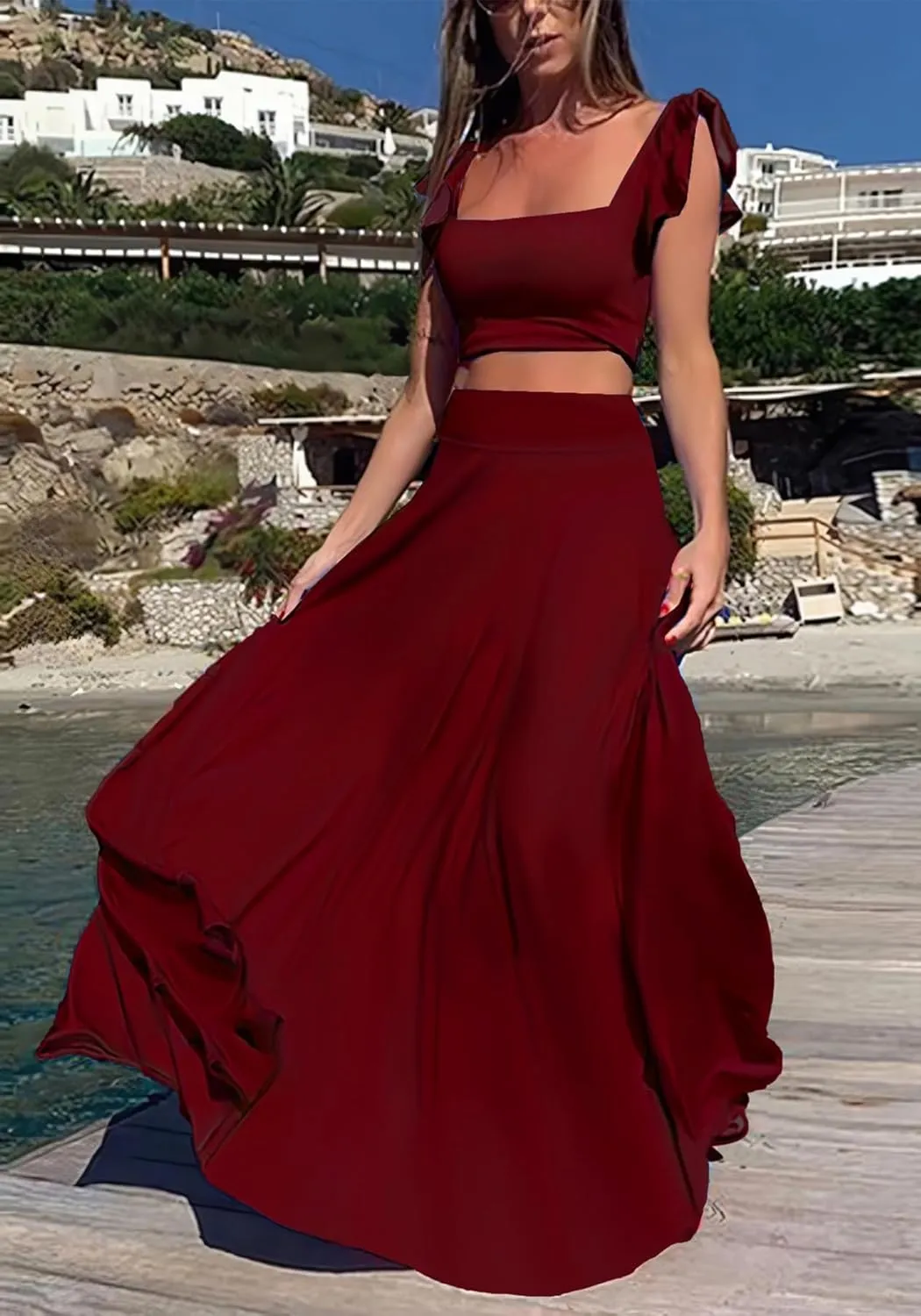 Vakkest Womens Summer Sexy 2 Pieces Outfits Ruffle Floral Tank Top Wrap Boho Tropical Long Skirt Set Clubwear Dresses