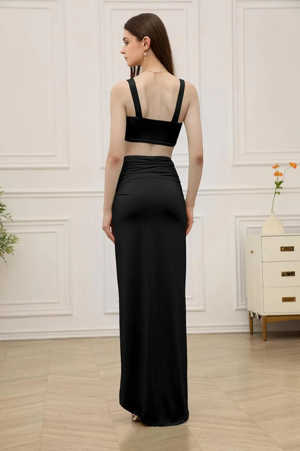 Velius Womens Sexy O Ring Cami Top High Slit Maxi Skirt Two Piece Outfit Set