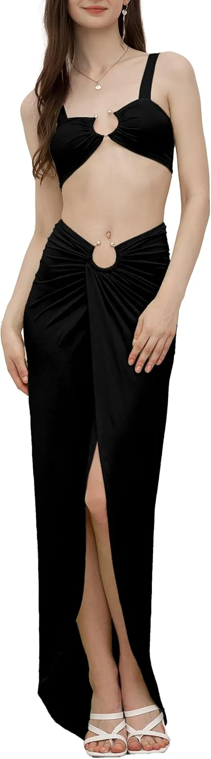 Velius Womens Sexy O Ring Cami Top High Slit Maxi Skirt Two Piece Outfit Set