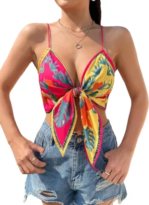 Verdusa Women's Tropical Tie Front Crop Tops Deep V Neck Backless Spaghetti Strap Camisole