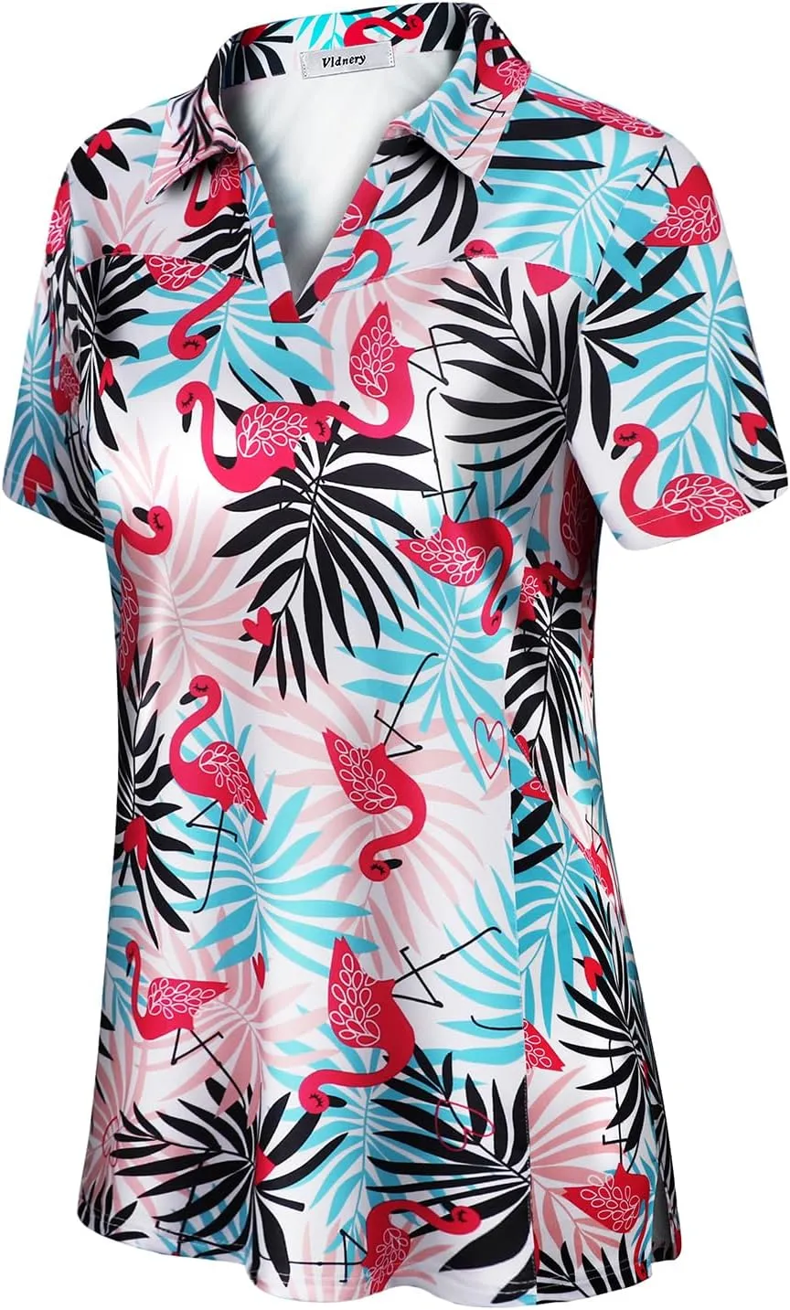Vldnery Womens Golf Polo Shirts Moisture Wicking Running Workout Tops Print Short Sleeve Tennis Clothes Loose Fit