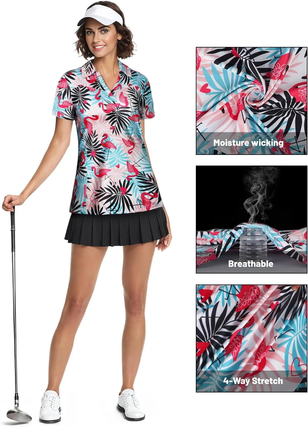 Vldnery Womens Golf Polo Shirts Moisture Wicking Running Workout Tops Print Short Sleeve Tennis Clothes Loose Fit