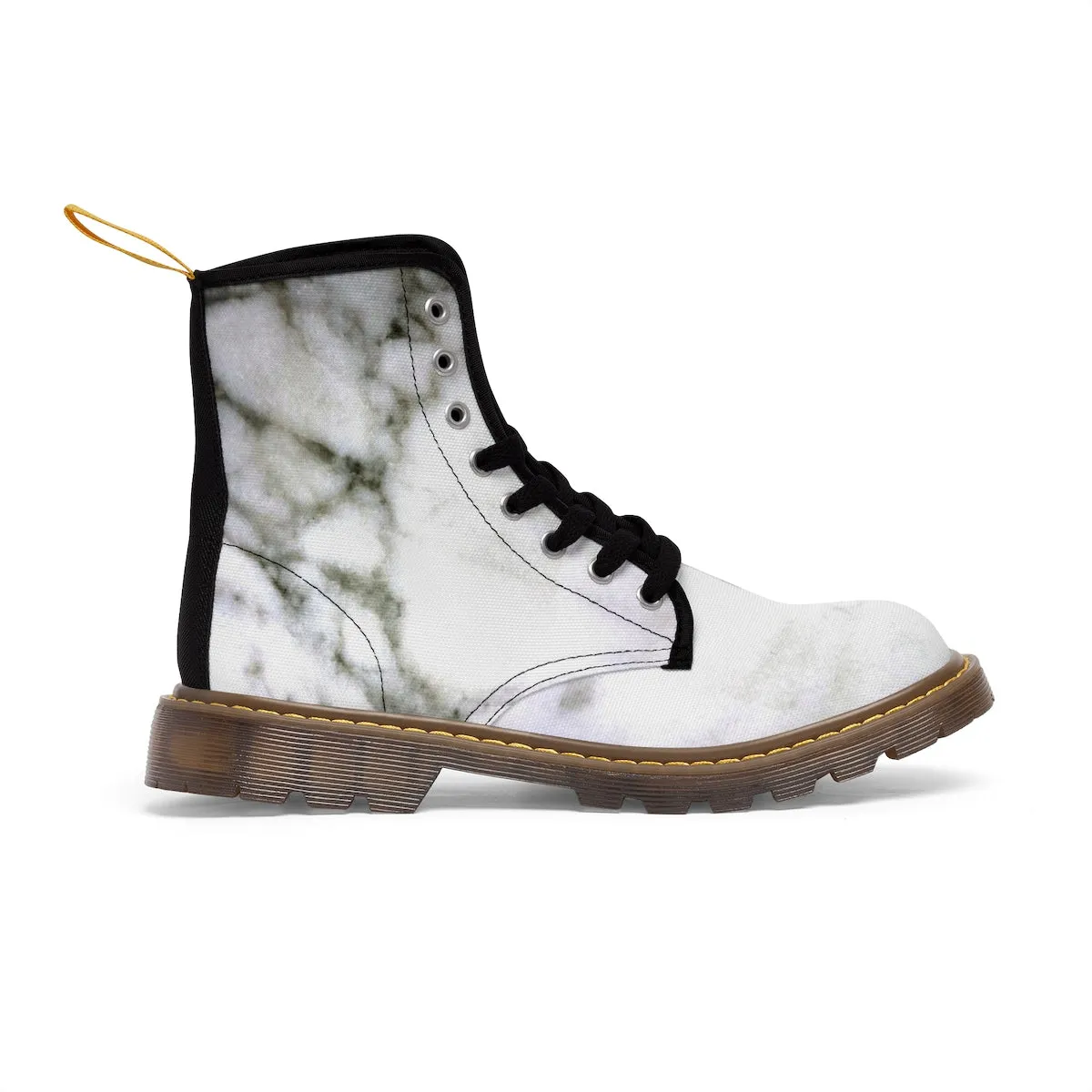 White Marble Women's Boots, Marble Print Designer Lace-up Winter Hiking Boots Shoes