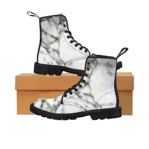 White Marble Women's Boots, Marble Print Designer Lace-up Winter Hiking Boots Shoes