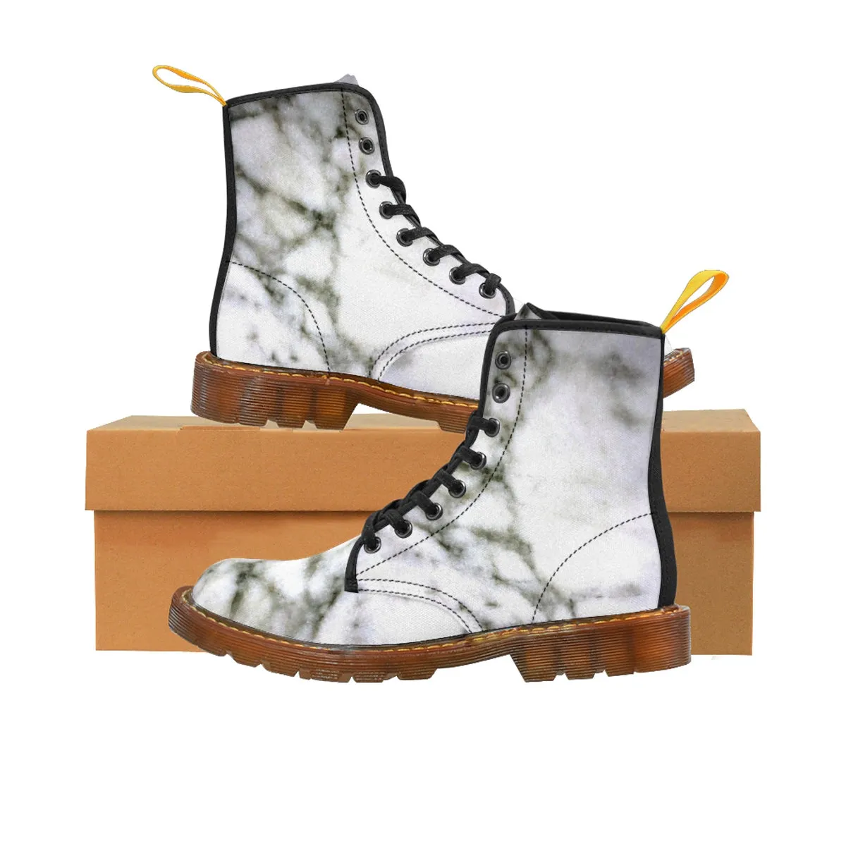 White Marble Women's Boots, Marble Print Designer Lace-up Winter Hiking Boots Shoes