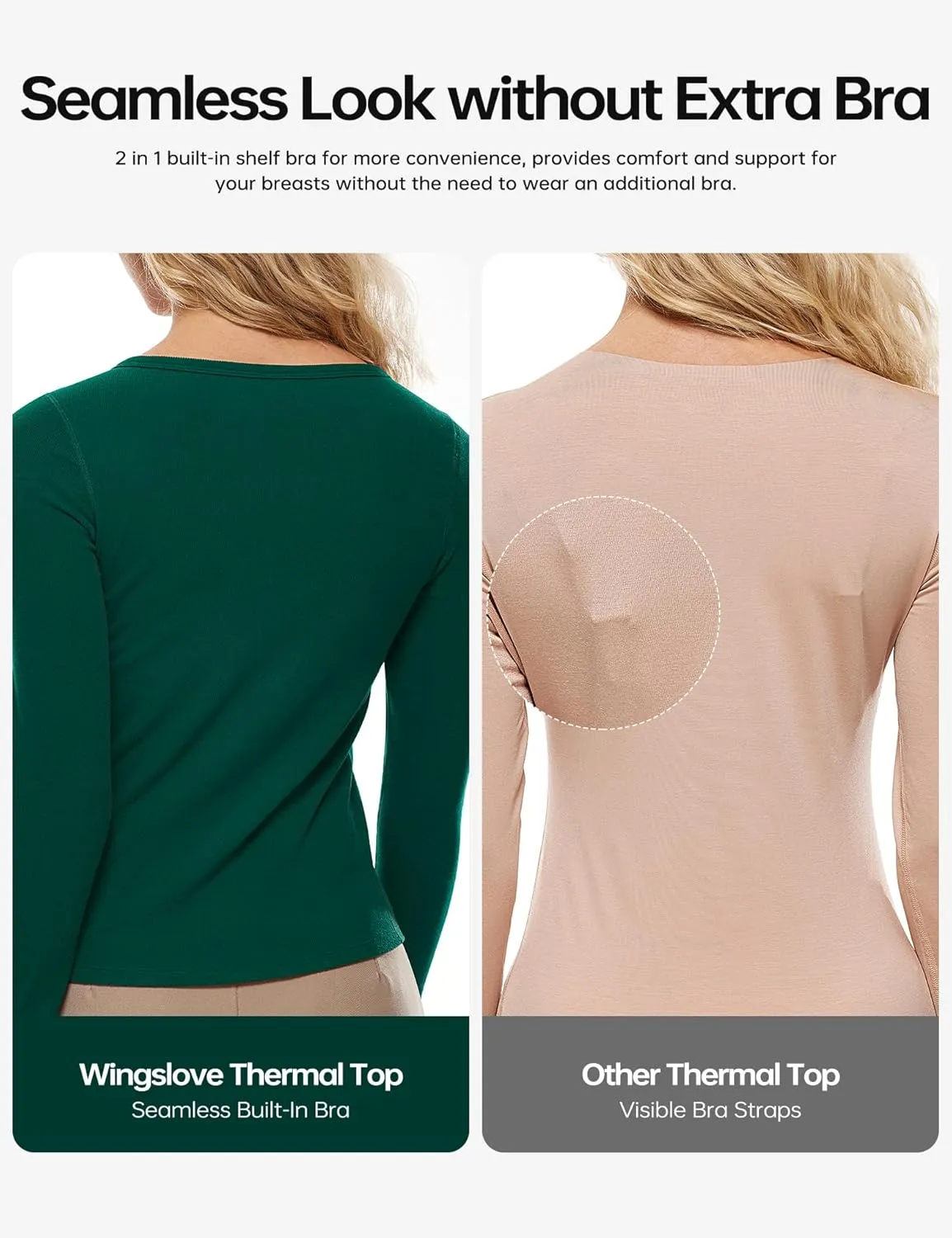 Wingslove Thermal Long Sleeve Built-in Bra for Women Boat Neck Tops for Fall and Winter Basics Shelf Bra Shirts