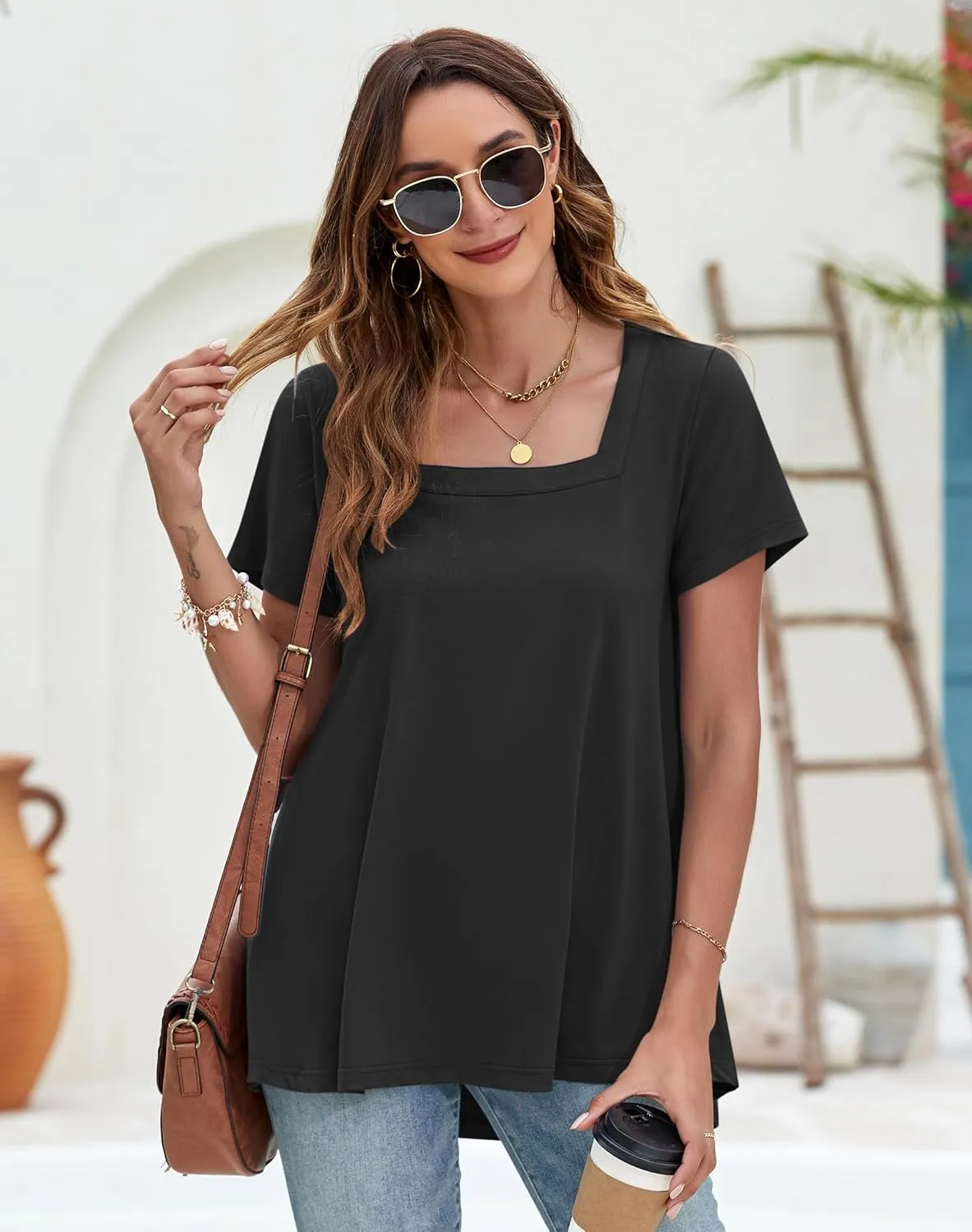 WNEEDU Women's Summer Tunic Tops Casual Short Sleeve Square Neck T-Shirt Loose Fit for Leggings