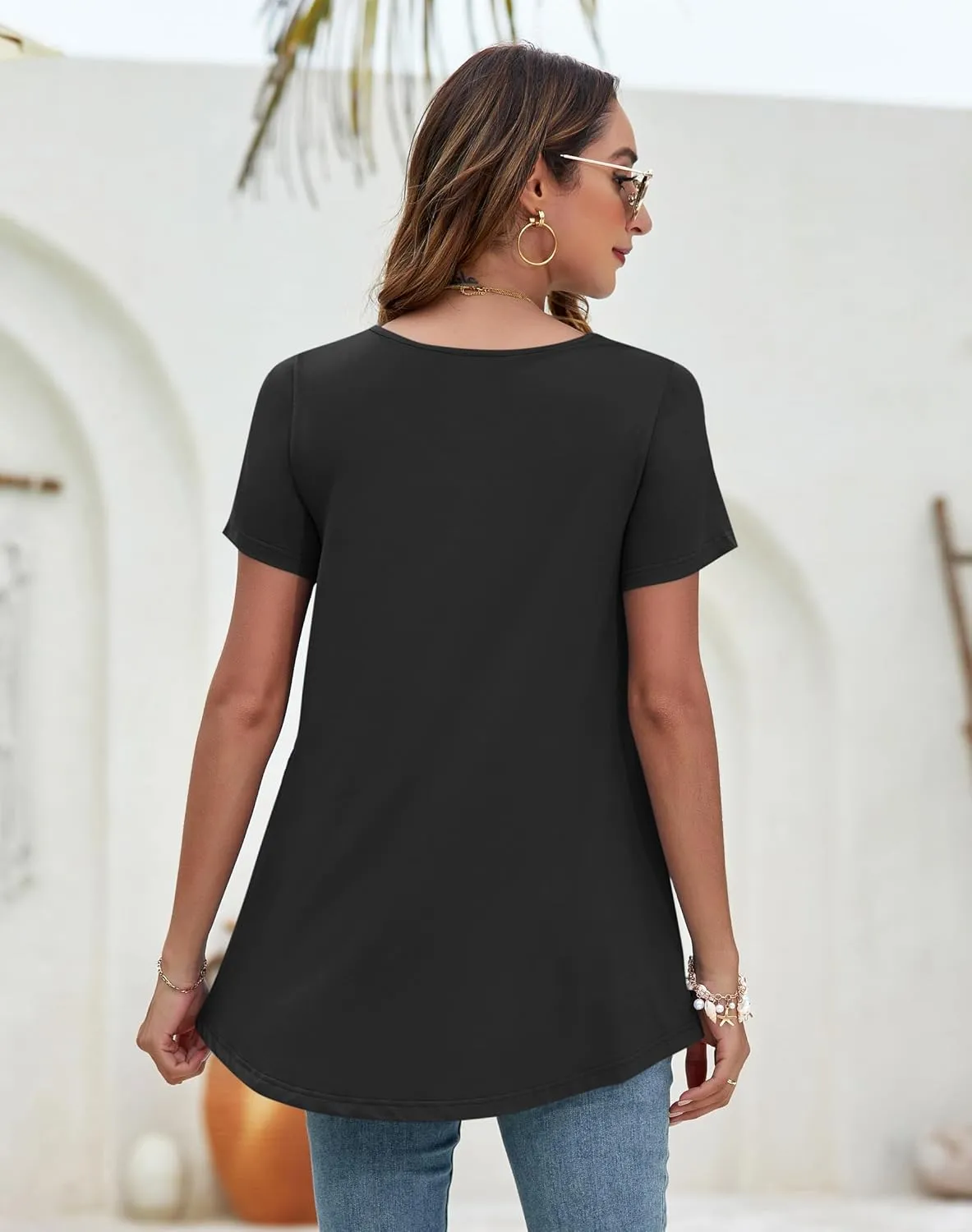 WNEEDU Women's Summer Tunic Tops Casual Short Sleeve Square Neck T-Shirt Loose Fit for Leggings
