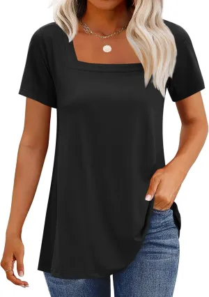 WNEEDU Women's Summer Tunic Tops Casual Short Sleeve Square Neck T-Shirt Loose Fit for Leggings