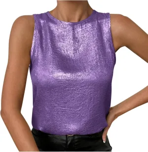 Women Round Neck Metallic Tank Top Sleeveless Shiny Party Club Shirts 2025 Summer Trendy Going Out Blouse