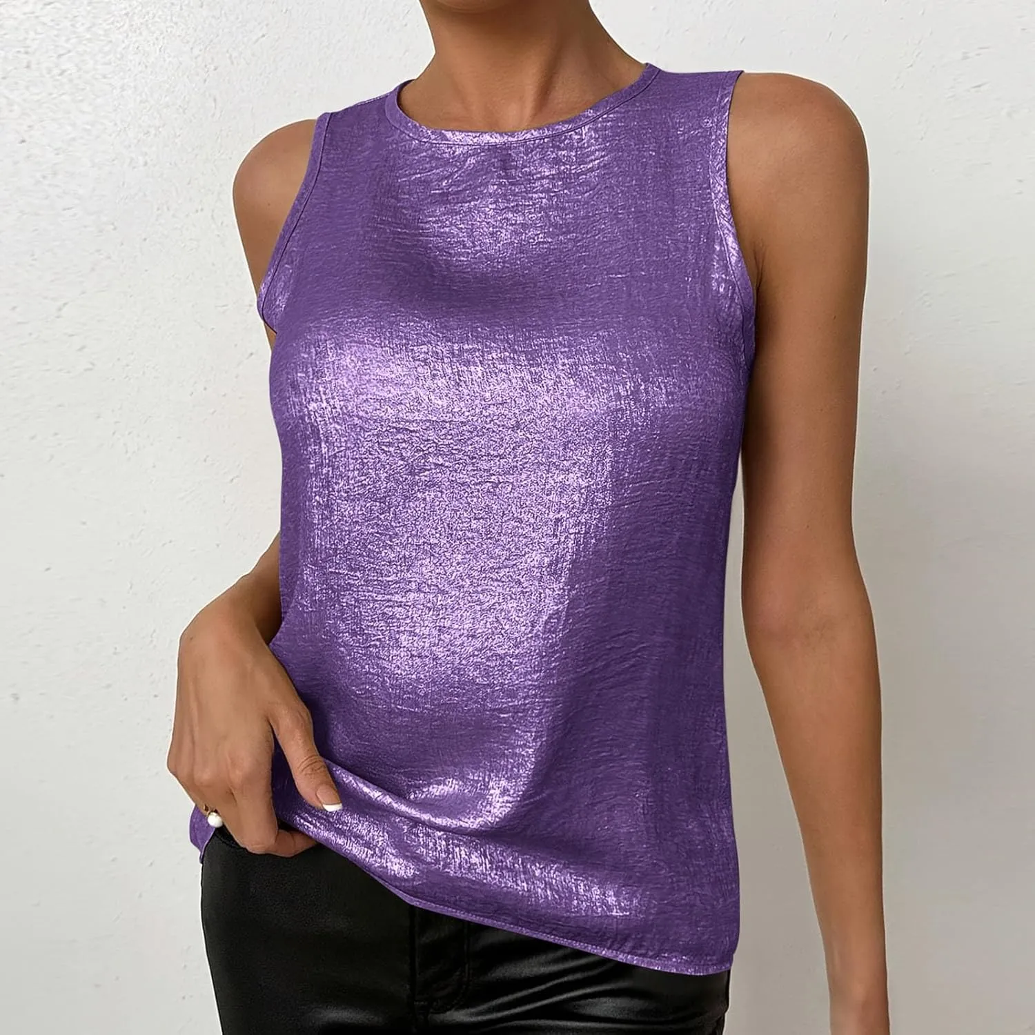 Women Round Neck Metallic Tank Top Sleeveless Shiny Party Club Shirts 2025 Summer Trendy Going Out Blouse