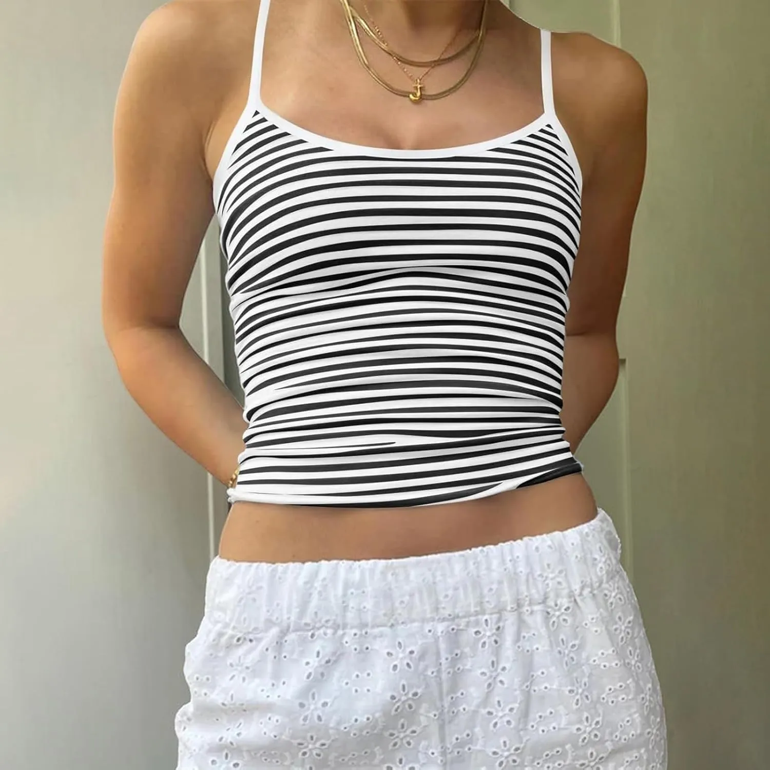Women Spaghetti Strap Striped Tank Top Sleeveless Scoop Neck Camisole Basic Cami Backless Slim Fit Aesthetic Shirts