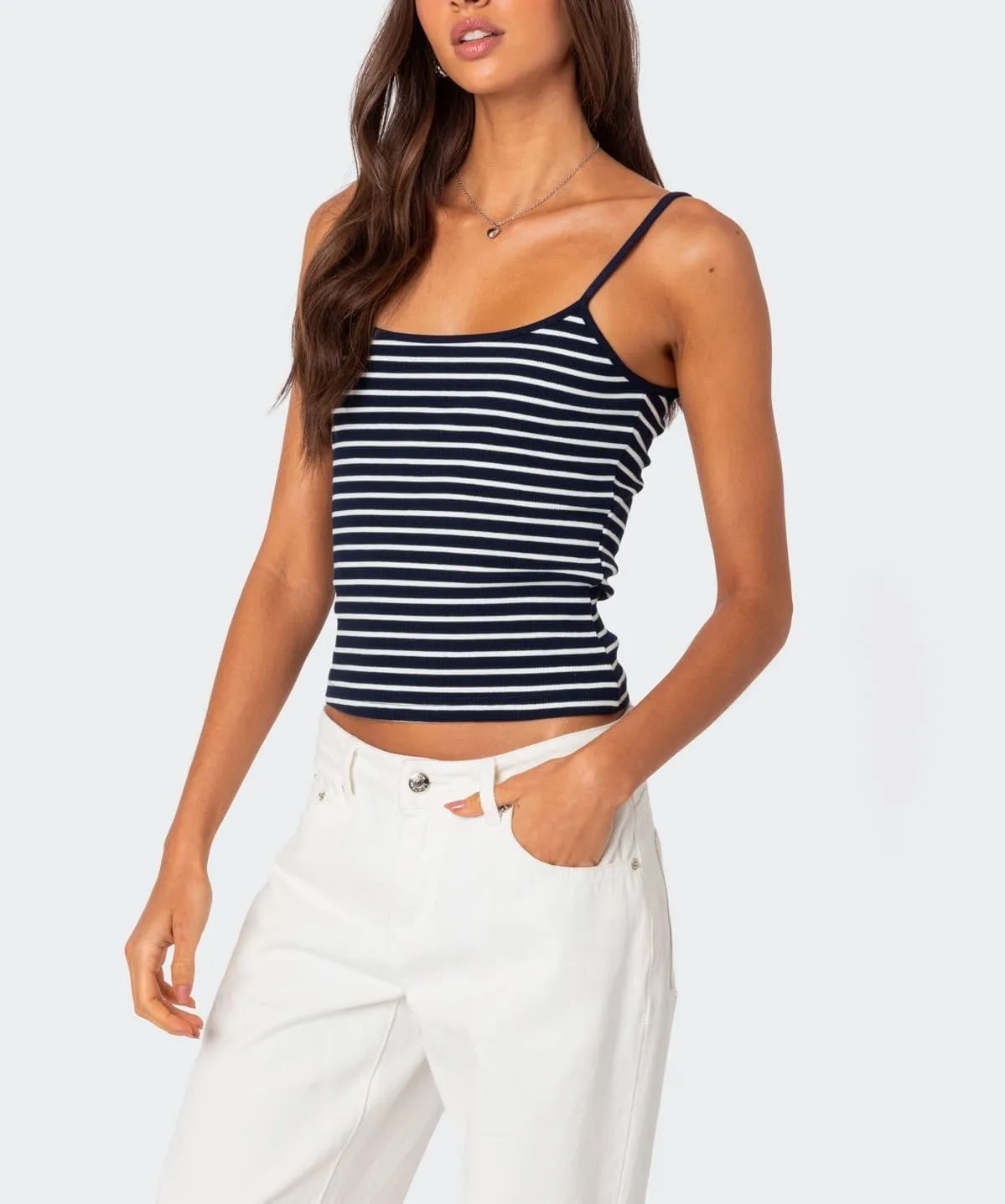 Women Spaghetti Strap Striped Tank Top Sleeveless Scoop Neck Camisole Basic Cami Backless Slim Fit Aesthetic Shirts