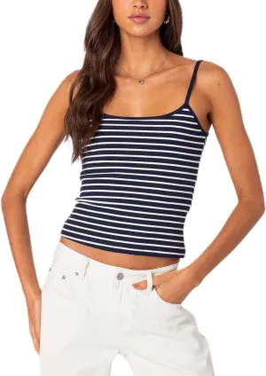 Women Spaghetti Strap Striped Tank Top Sleeveless Scoop Neck Camisole Basic Cami Backless Slim Fit Aesthetic Shirts