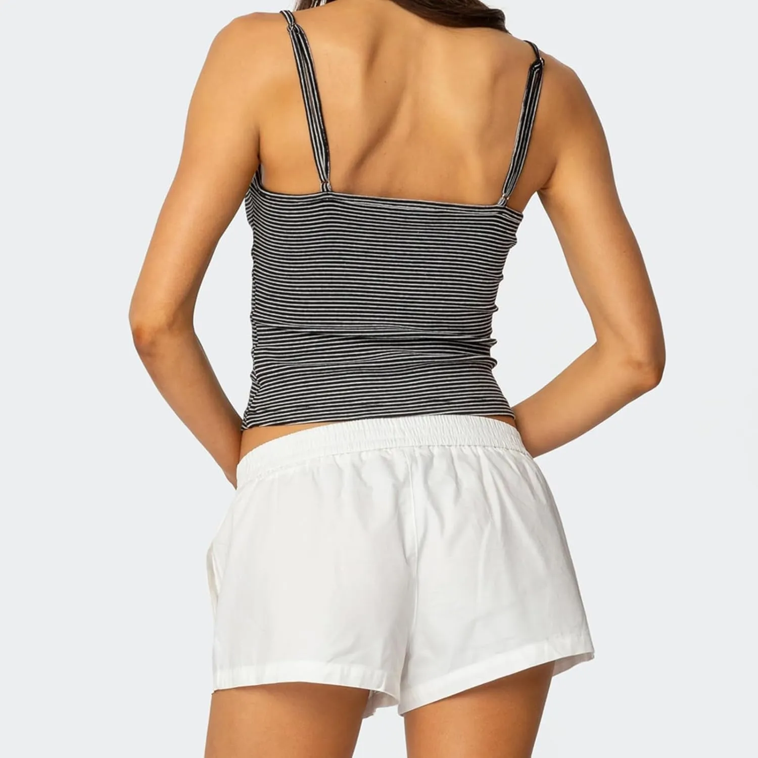 Women Spaghetti Strap Striped Tank Top Sleeveless Scoop Neck Camisole Basic Cami Backless Slim Fit Aesthetic Shirts