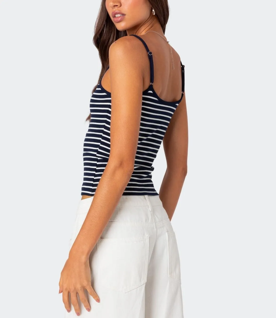 Women Spaghetti Strap Striped Tank Top Sleeveless Scoop Neck Camisole Basic Cami Backless Slim Fit Aesthetic Shirts