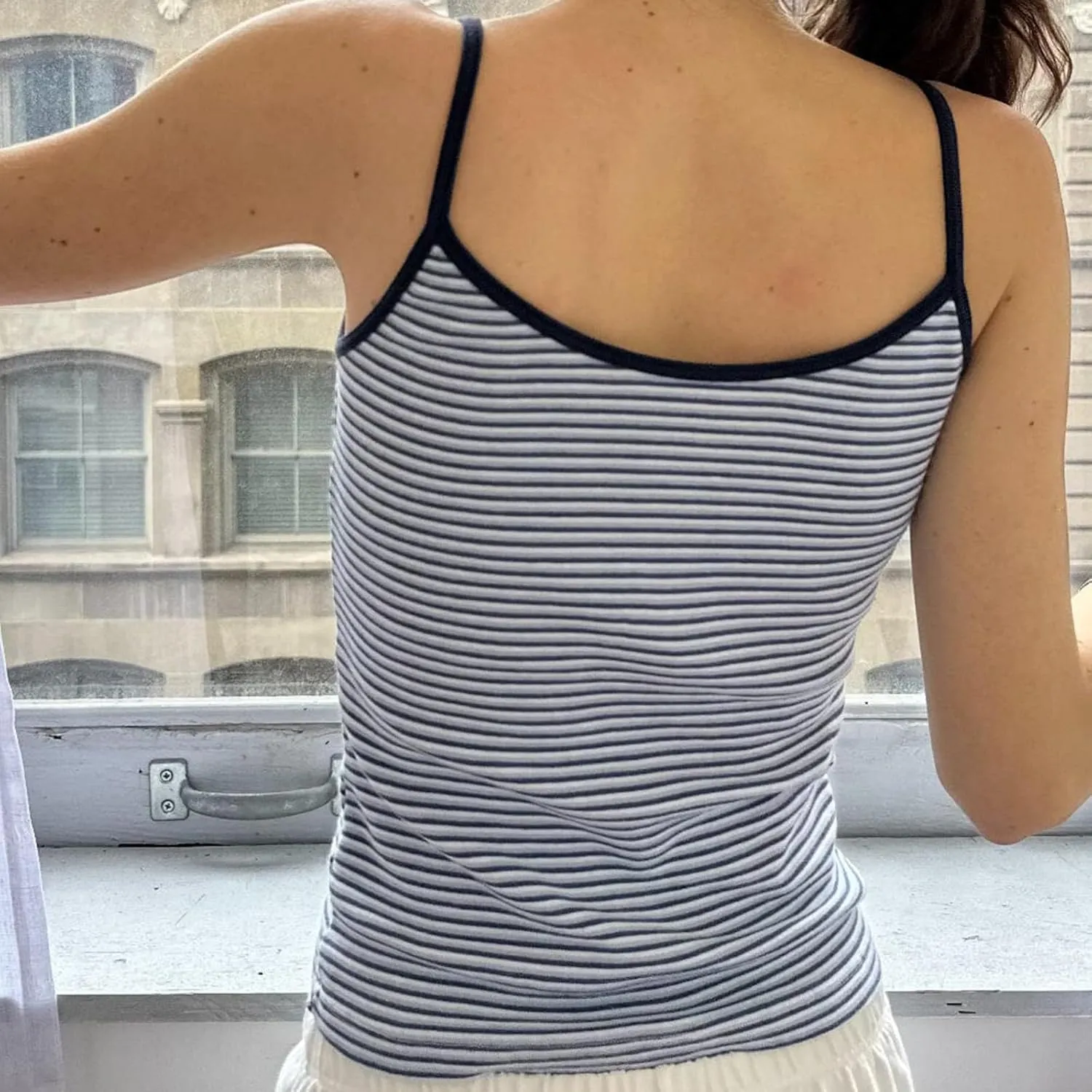 Women Spaghetti Strap Striped Tank Top Sleeveless Scoop Neck Camisole Basic Cami Backless Slim Fit Aesthetic Shirts
