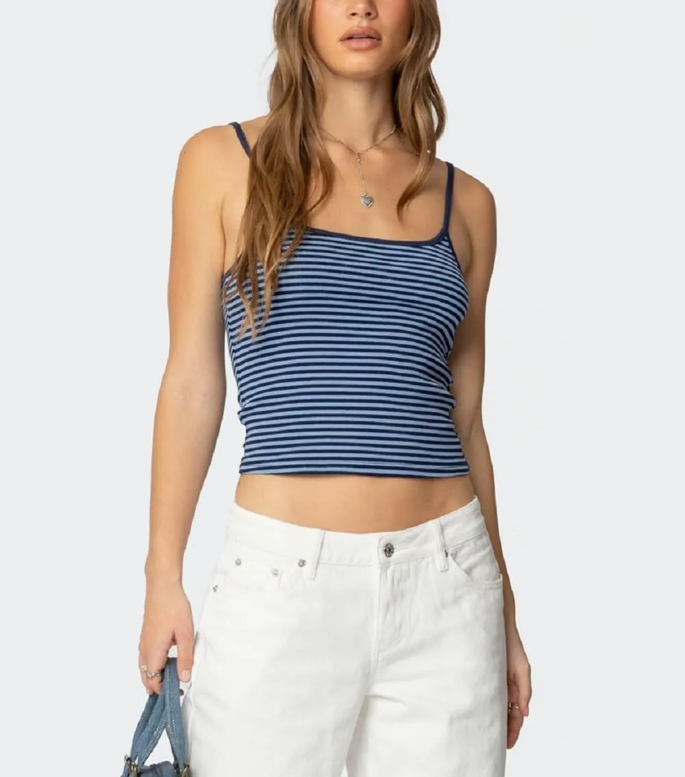 Women Spaghetti Strap Striped Tank Top Sleeveless Scoop Neck Camisole Basic Cami Backless Slim Fit Aesthetic Shirts