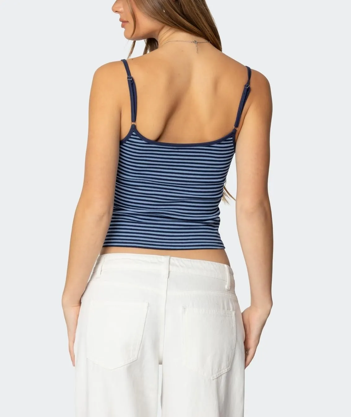 Women Spaghetti Strap Striped Tank Top Sleeveless Scoop Neck Camisole Basic Cami Backless Slim Fit Aesthetic Shirts