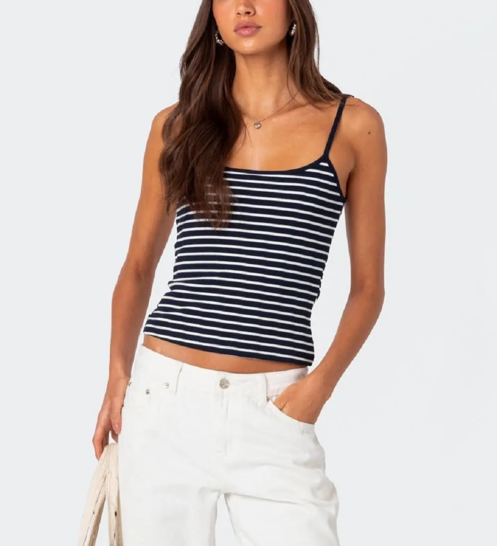 Women Spaghetti Strap Striped Tank Top Sleeveless Scoop Neck Camisole Basic Cami Backless Slim Fit Aesthetic Shirts