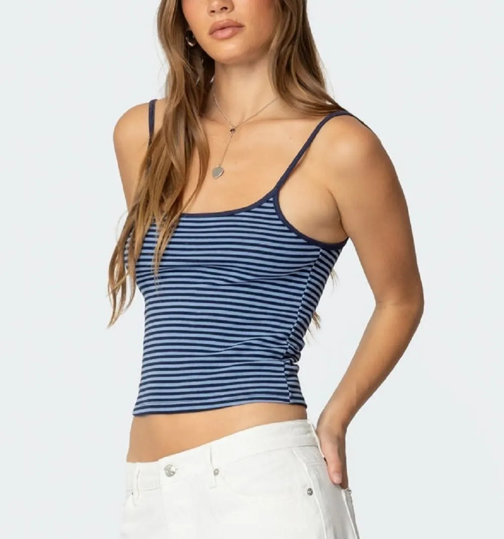 Women Spaghetti Strap Striped Tank Top Sleeveless Scoop Neck Camisole Basic Cami Backless Slim Fit Aesthetic Shirts