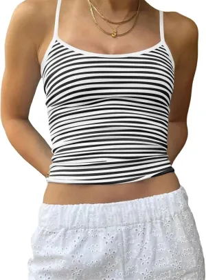 Women Spaghetti Strap Striped Tank Top Sleeveless Scoop Neck Camisole Basic Cami Backless Slim Fit Aesthetic Shirts