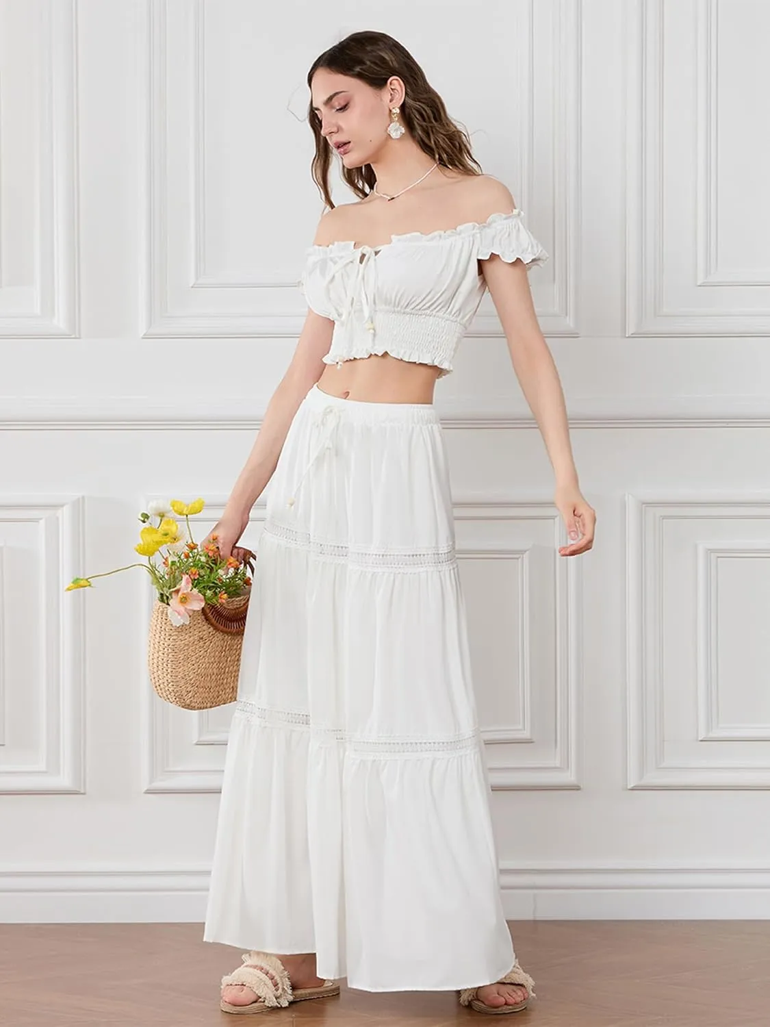Women's 2 Pieces Outfits Off Shoulder Smocked Crop Top High Waist Tiered Long Skirt Dress Set