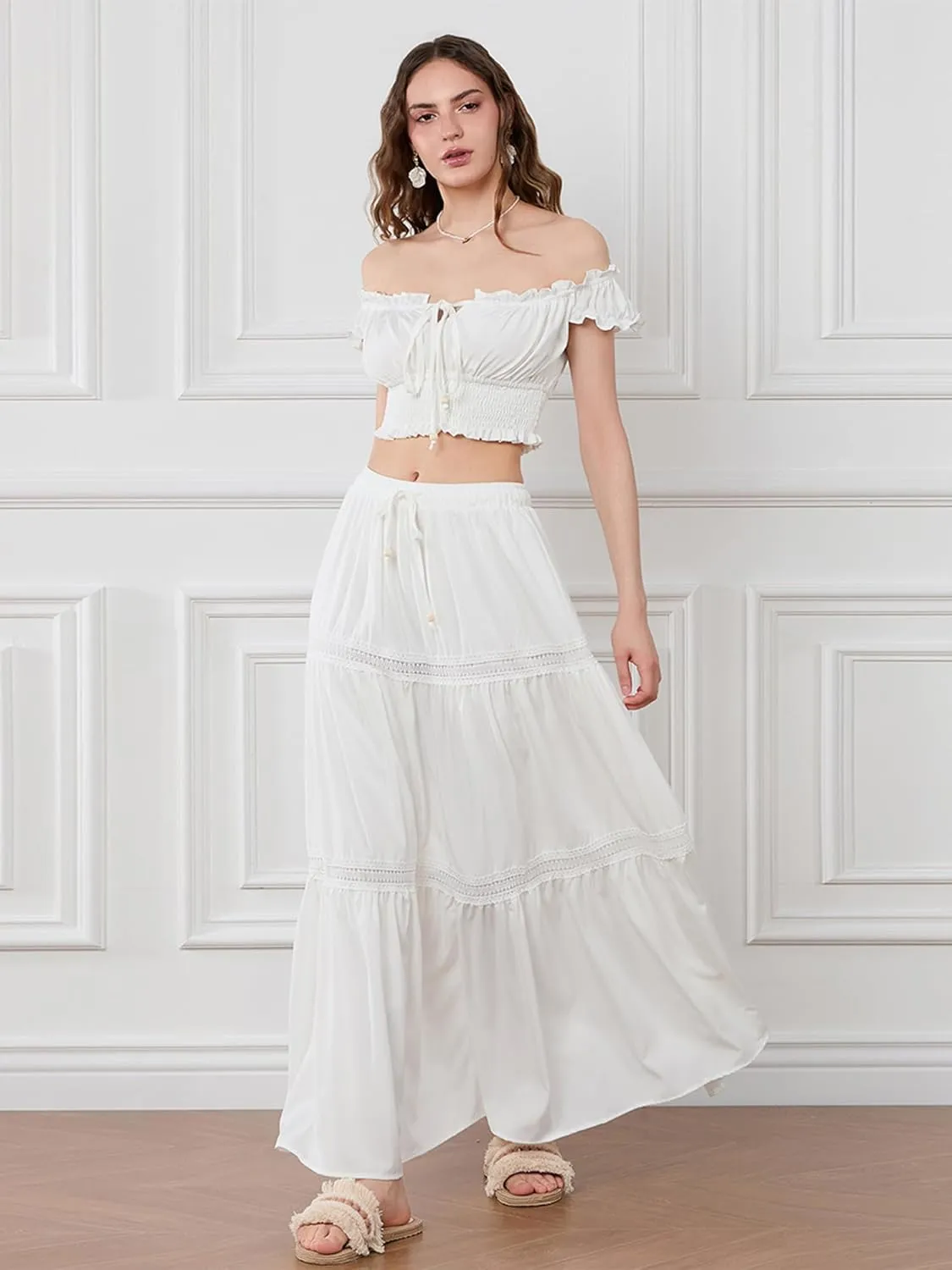 Women's 2 Pieces Outfits Off Shoulder Smocked Crop Top High Waist Tiered Long Skirt Dress Set
