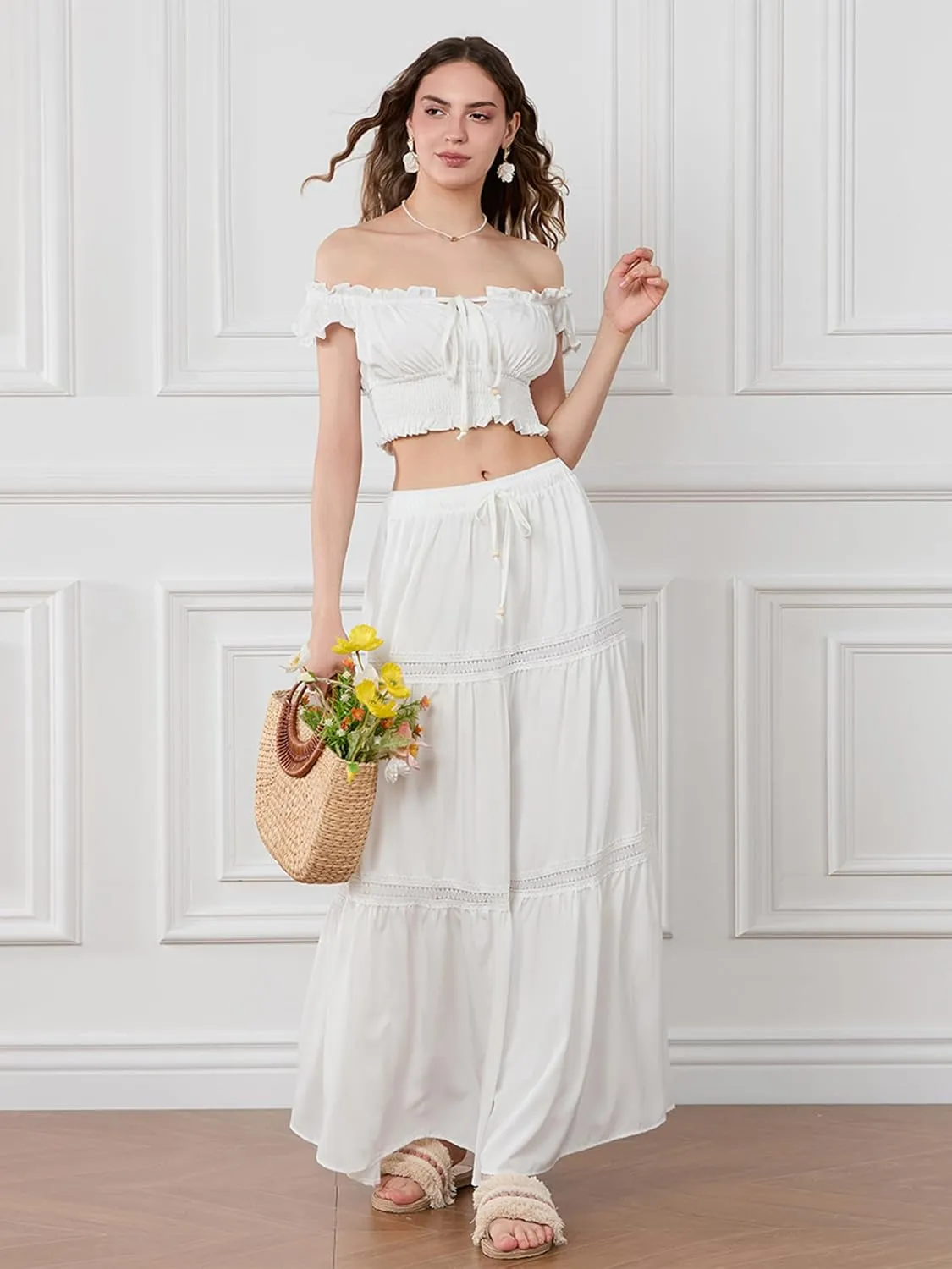 Women's 2 Pieces Outfits Off Shoulder Smocked Crop Top High Waist Tiered Long Skirt Dress Set