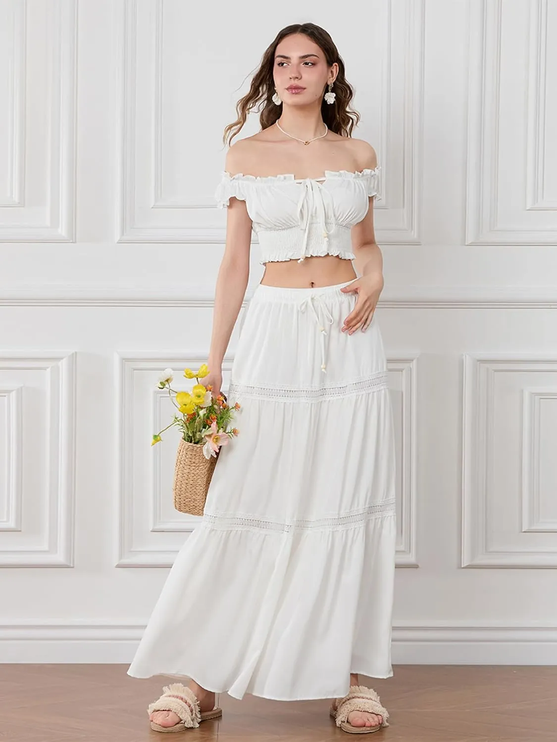 Women's 2 Pieces Outfits Off Shoulder Smocked Crop Top High Waist Tiered Long Skirt Dress Set