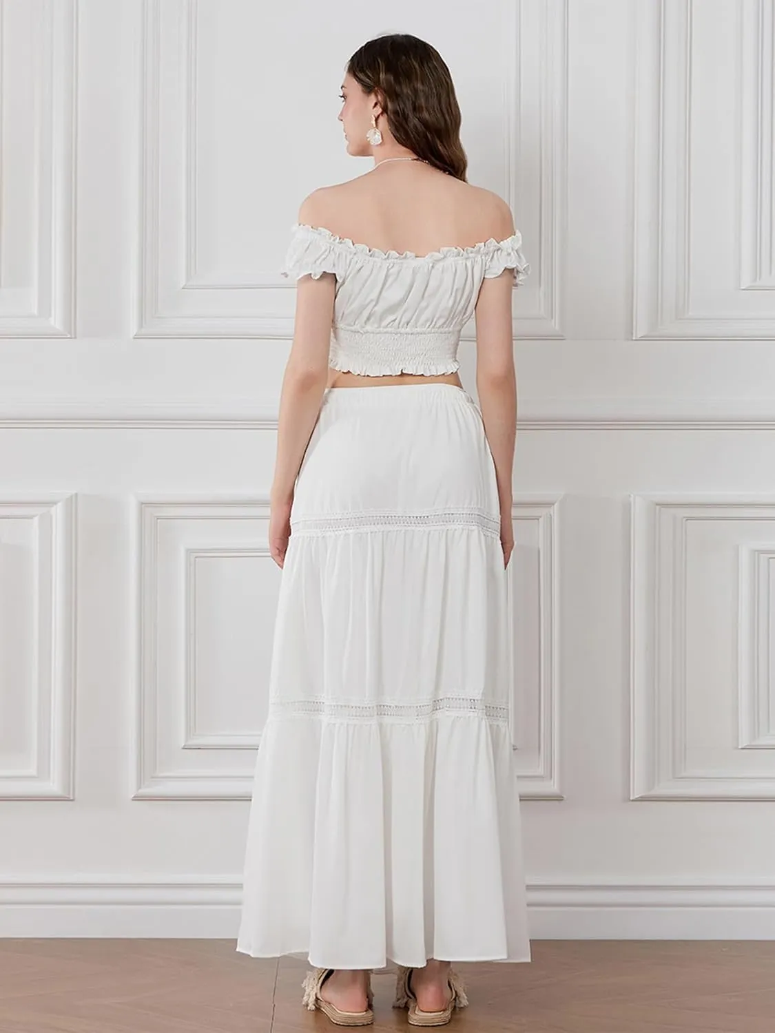 Women's 2 Pieces Outfits Off Shoulder Smocked Crop Top High Waist Tiered Long Skirt Dress Set