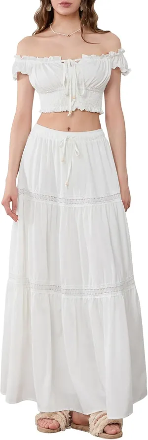 Women's 2 Pieces Outfits Off Shoulder Smocked Crop Top High Waist Tiered Long Skirt Dress Set