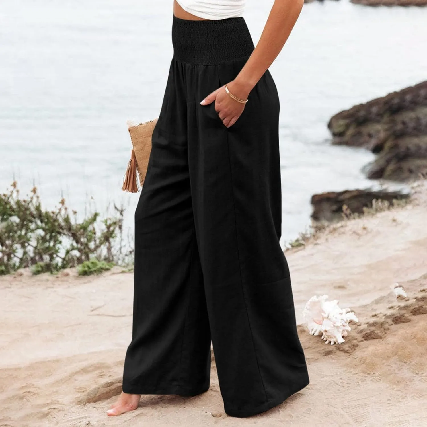 Womens Casual Cotton Linen Palazzo Pants Drawstring Elastic High Waist Wide Leg Trousers Beach Vacation Outfits