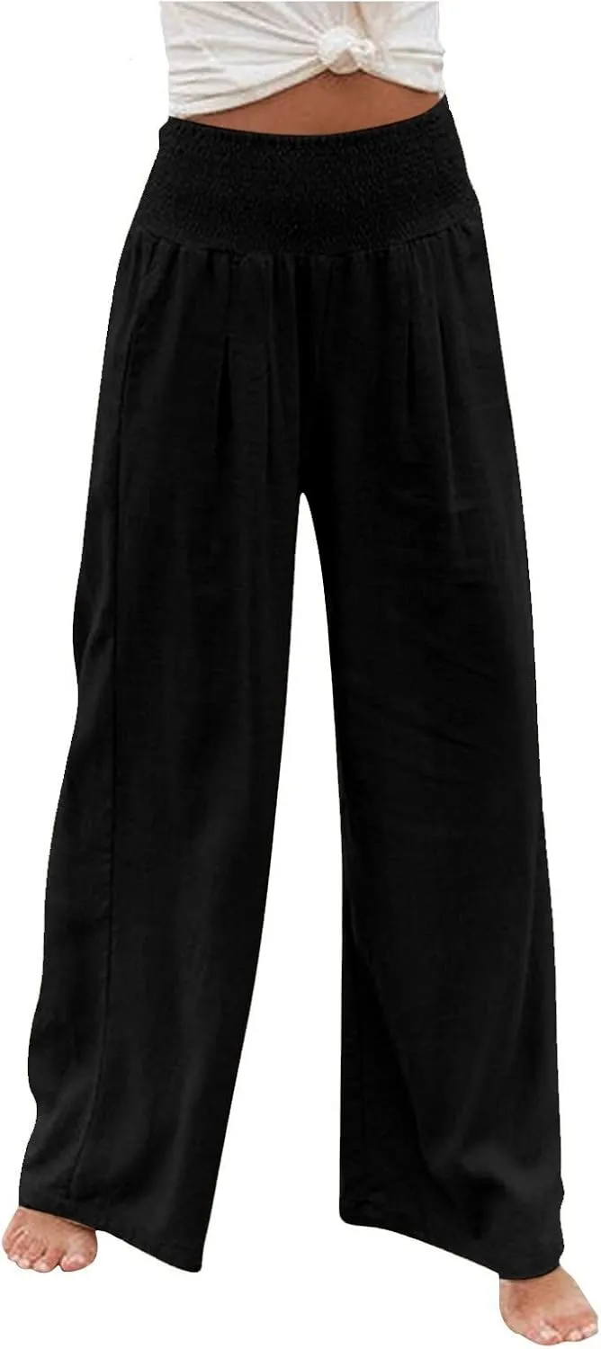 Womens Casual Cotton Linen Palazzo Pants Drawstring Elastic High Waist Wide Leg Trousers Beach Vacation Outfits