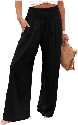 Womens Casual Cotton Linen Palazzo Pants Drawstring Elastic High Waist Wide Leg Trousers Beach Vacation Outfits