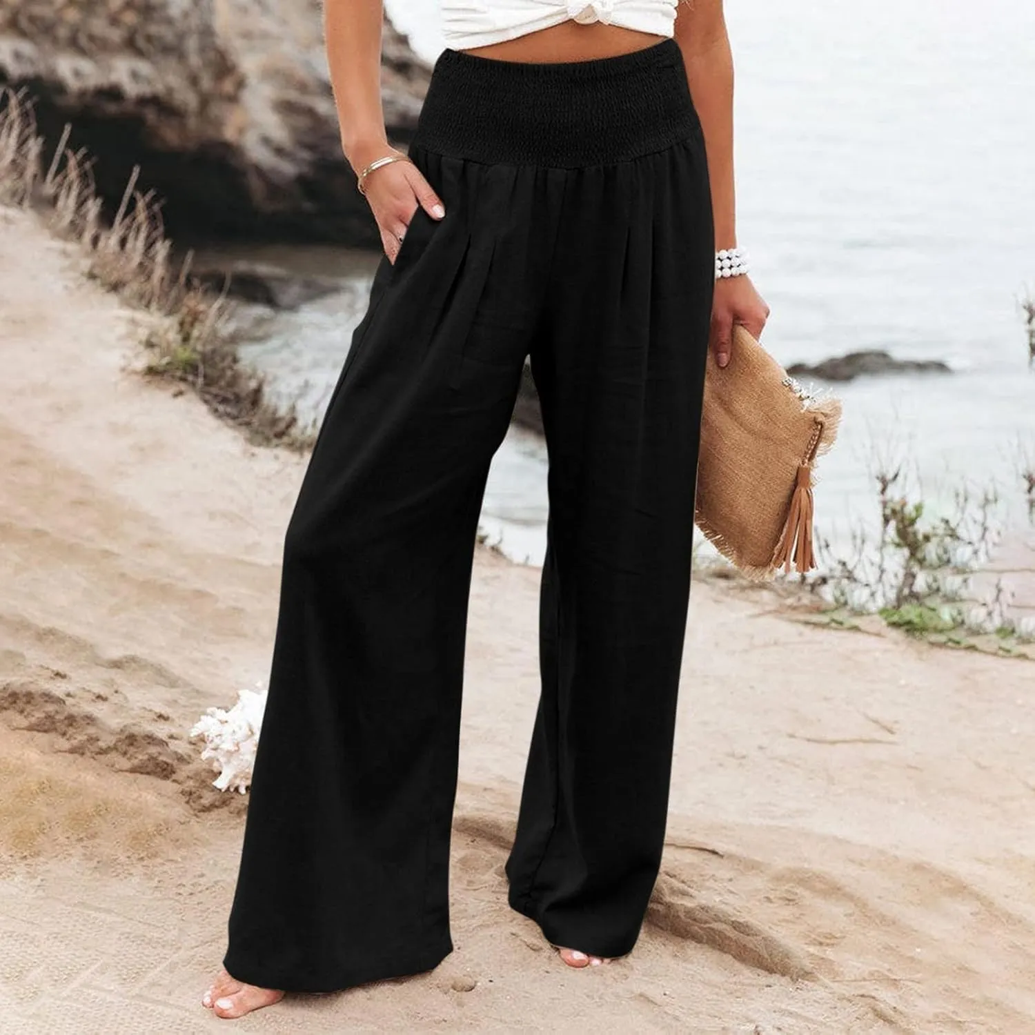 Womens Casual Cotton Linen Palazzo Pants Drawstring Elastic High Waist Wide Leg Trousers Beach Vacation Outfits