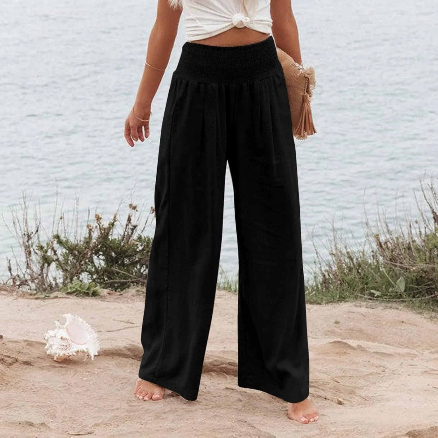 Womens Casual Cotton Linen Palazzo Pants Drawstring Elastic High Waist Wide Leg Trousers Beach Vacation Outfits