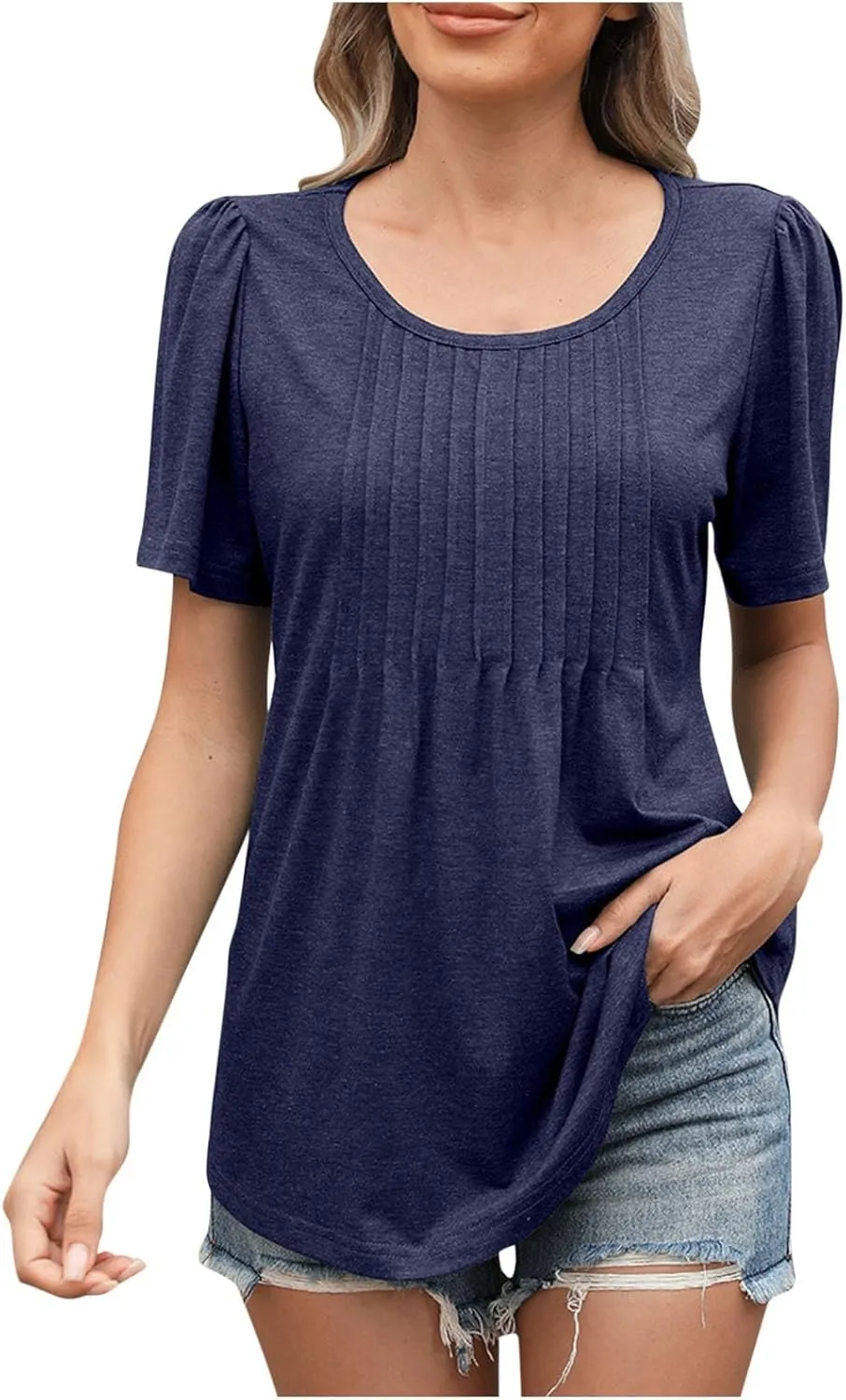 Women's Casual Short Sleeve Henley Round Neck Shirts Loose Fit Pleated Tunic Blouse Tops Vacation Tops Fashion Shirt