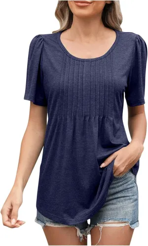 Women's Casual Short Sleeve Henley Round Neck Shirts Loose Fit Pleated Tunic Blouse Tops Vacation Tops Fashion Shirt
