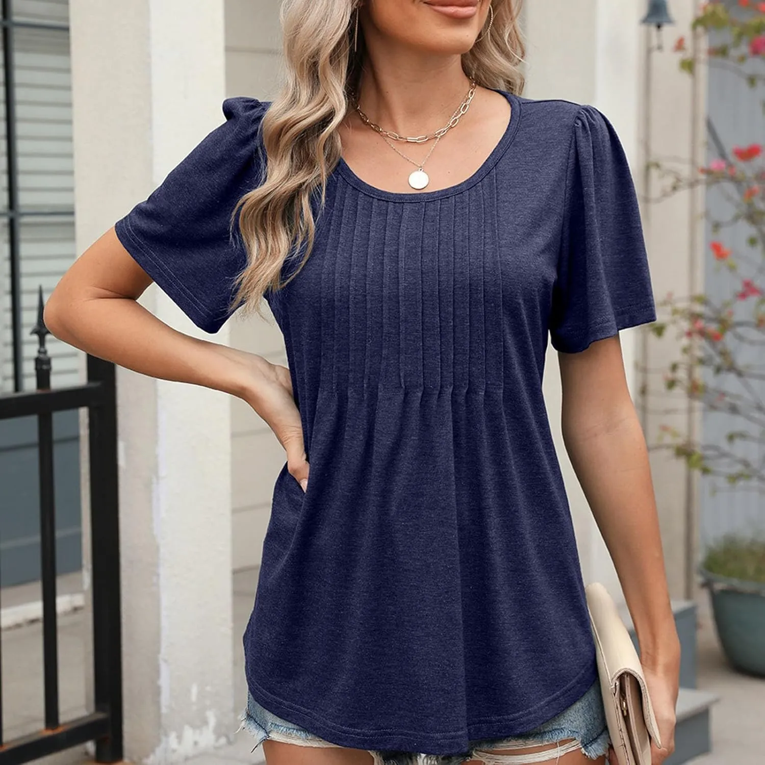 Women's Casual Short Sleeve Henley Round Neck Shirts Loose Fit Pleated Tunic Blouse Tops Vacation Tops Fashion Shirt