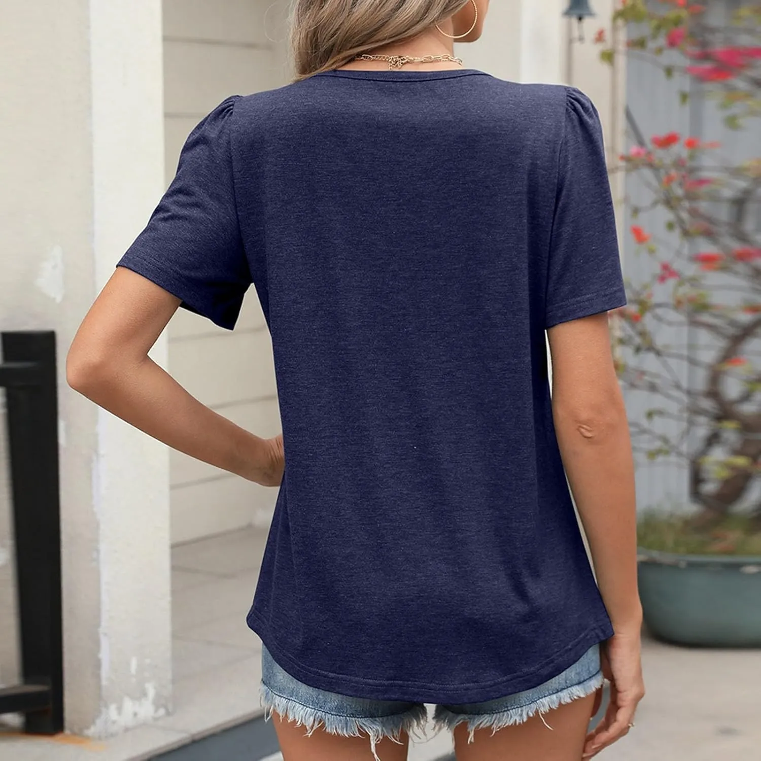 Women's Casual Short Sleeve Henley Round Neck Shirts Loose Fit Pleated Tunic Blouse Tops Vacation Tops Fashion Shirt