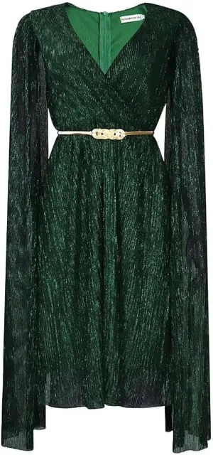 Women's Elegant Cloak Long Sleeve Sexy V Neck Sequin Sparkly Back Zipper Bodycon Midi Cocktail Dress with Belt